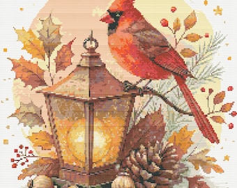 Red Cardinal on Christmas lantern with acorns and holly leaves. Watercolor Painting. Counted Cross Stitch PDF Pattern. Hand Embroidery.