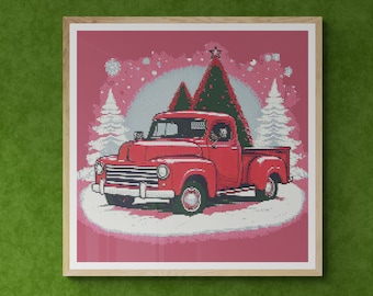 Christmas Trees decorated with ornaments on a Red retro truck in winter. Watercolor. Counted Cross Stitch PDF Pattern. Hand Embroidery.