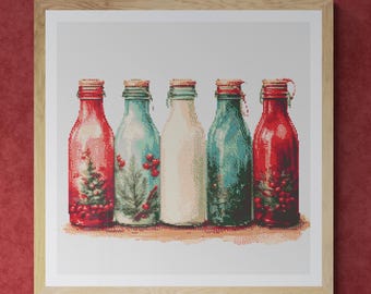 Colorful Milk Bottles decorated with christmas theme in hand drawn Watercolor painting. Counted Cross Stitch PDF Pattern. Hand Embroidery.