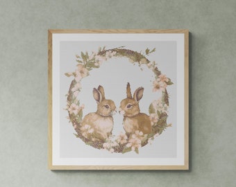 Two Little Bunnies. Watercolor Style. Circular Branch Frame. Counted Cross Stitch PDF Pattern, PDF for Diamond Painting and Pattern Keeper.