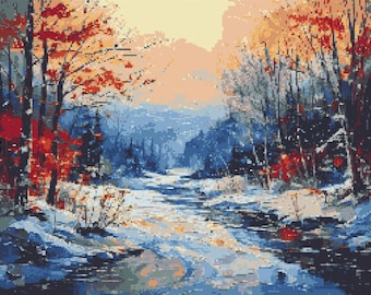 Winter Landscape with pine forest and a creek in snowy weather. Watercolor painting. Counted Cross Stitch PDF Pattern. Hand Embroidery.