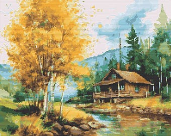 Autumn Landscape. Quaking Aspen trees and a cottage by the river. Watercolor painting. Counted Cross Stitch PDF Pattern. Hand Embroidery.