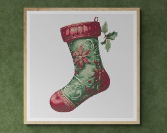 Christmas Sock Decorated. Oak Leaves, Ornament and Flowers. Counted Cross Stitch PDF Pattern, PDF for Diamond Painting and Pattern Keeper.