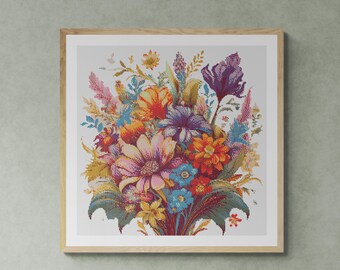 Beatiful Wildflowers bouquet with autumn leaves. Hand drawn colorful watercolor painting. Counted Cross Stitch PDF Pattern. Hand Embroidery.