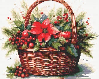 Christmas Basket. Red flowers, berries and fruits with pine pins and oak leaves. Counted Cross Stitch PDF Pattern. Hand Embroidery.