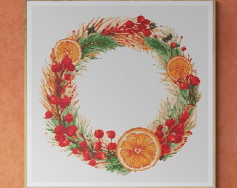 Christmas Wreath Decorated with dried orange slices and berries. Watercolor Painting. Counted Cross Stitch PDF Pattern. Hand Embroidery.