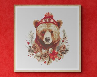 Wild Bear with Christmas Hat, Pine Pins, Red Berries and Ornaments. Watercolor Style. Counted Cross Stitch PDF Pattern. Hand Embroidery.