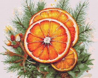 Christmas decoration dried orange slices, pine pins and red berries. Watercolor Painting. Counted Cross Stitch PDF Pattern. Hand Embroidery.
