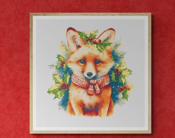 Wild Fox with Christmas Scarf, Oak Leaves, Red Berries and Ornaments. Watercolor Style. Counted Cross Stitch PDF Pattern. Hand Embroidery.