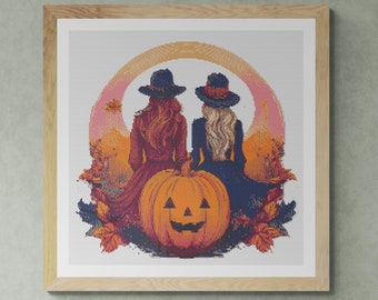 Two Witches with carved Halloween Pumpkin. Watercolor illustration made with fall colors. Counted Cross Stitch PDF Pattern. Hand Embroidery.