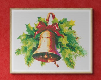 Shiny Bell as Christmas Ornament with Leaves, Berries and Red Ribbon. Watercolor Style. Counted Cross Stitch PDF Pattern. Hand Embroidery.