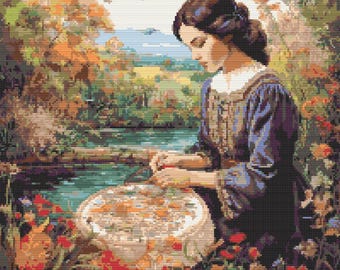 Young Lady cross stitching in nature on a warm autumn day. Oil painting style. Counted Cross Stitch PDF Pattern. Hand Embroidery.