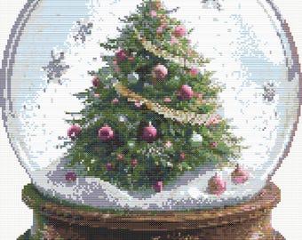 Snow Globe. A Christmas tree with  ornaments in the snowy Christmas decoration. Counted Cross Stitch PDF Pattern. Hand Embroidery.