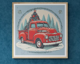 Christmas Trees decorated with ornaments on a Red retro truck in winter. Watercolor. Counted Cross Stitch PDF Pattern. Hand Embroidery.