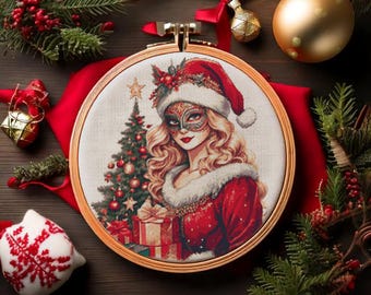 Young girl wearing Santa costume and vintage masquerade. Christmas tree and gift boxes. Counted Cross Stitch PDF Pattern. Hand Embroidery.