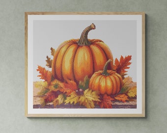 Pumpkins Thanksgiving Day with fall leaves. Watercolor painting made with autumn colors. Counted Cross Stitch PDF Pattern. Hand Embroidery.