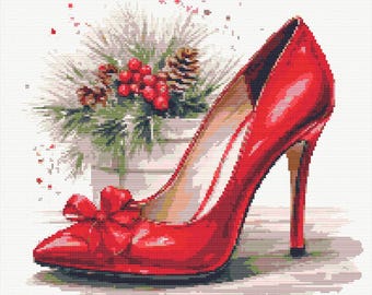 Red high heeled shoes in Christmas themed Watercolor Painting in Christmas colors. Counted Cross Stitch PDF Pattern. Hand Embroidery.
