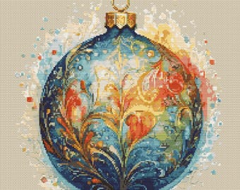 Shiny Ball as Christmas Ornament in baroque style with splashes. Watercolor Painting. Counted Cross Stitch PDF Pattern. Hand Embroidery.
