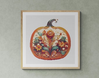 Floral Decorated Pumpkin Thanksgiving Day. Watercolor painting made with autumn colors. Counted Cross Stitch PDF Pattern. Hand Embroidery.
