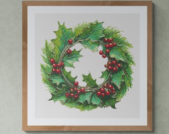 Christmas Wreath Decorated with Oak Leaves, Pine Pins and Berries. Watercolor Painting. Counted Cross Stitch PDF Pattern. Hand Embroidery.