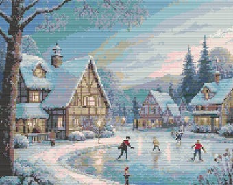 Winter Landscape. A fairytale village scene in winter. Kids skating and playing snowball. Counted Cross Stitch PDF Pattern. Hand Embroidery.