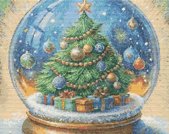 Snow Globe. A Christmas tree, ornaments and gift boxes in the snowy Christmas decoration. Counted Cross Stitch PDF Pattern. Hand Embroidery.