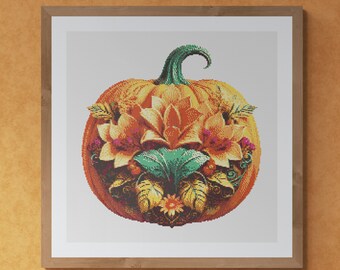 Floral Decorated Pumpkin Thanksgiving Day. Watercolor painting made with autumn colors. Counted Cross Stitch PDF Pattern. Hand Embroidery.