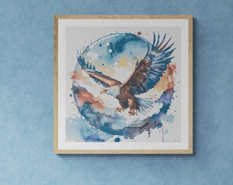 Colorful Eagle Illustration. Watercolor Style with Splashes. Counted Cross Stitch PDF Pattern, PDF for Diamond Painting and Pattern Keeper.