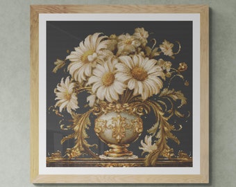 Daisy Bouquet. Autumn Colors. Illustration. Baroque Style. Counted Cross Stitch PDF Pattern, PDF for Diamond Painting and Pattern Keeper.