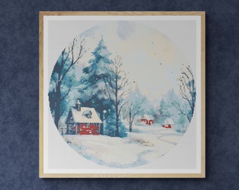 Winter Landscape. Small Red House in Pine Forest. Watercolor painting. Counted Cross Stitch PDF Pattern. Hand Embroidery.