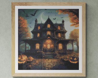 Halloween House with pumpkins and full moon. Watercolor illustration in autumn colors. Counted Cross Stitch PDF Pattern. Hand Embroidery.