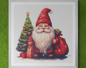 Cute Gnome Santa with Christmas Tree, Red Bag and Present Boxes in Watercolor painting. Counted Cross Stitch PDF Pattern. Hand Embroidery.