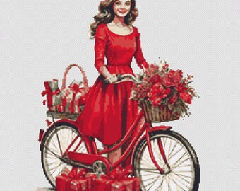 Young girl and red bicycle with flowers and Christmas gift boxes. Watercolor Painting. Counted Cross Stitch PDF Pattern. Hand Embroidery.