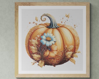 Floral Decorated Pumpkin Thanksgiving Day. Watercolor painting made with autumn colors. Counted Cross Stitch PDF Pattern. Hand Embroidery.