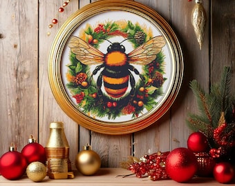Bumblebee in Christmas wreath with ornaments. Watercolor Painting in Christmas colors. Counted Cross Stitch PDF Pattern. Hand Embroidery.