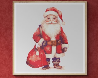 Santa Claus holding red present bag full of Christmas presents. Watercolor Painting. Counted Cross Stitch PDF Pattern. Hand Embroidery.