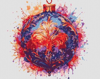 Shiny Ball as Christmas Ornament in baroque style with splashes. Watercolor Painting. Counted Cross Stitch PDF Pattern. Hand Embroidery.