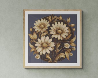 Daisy Bouquet. Autumn Colors. Illustration. Baroque Style. Counted Cross Stitch PDF Pattern, PDF for Diamond Painting and Pattern Keeper.