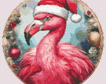 Flamingo in Red Santa Hat with Christmas tree and ornaments. Watercolor Painting. Counted Cross Stitch PDF Pattern. Hand Embroidery.