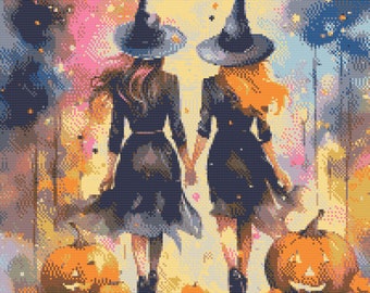 Two Witches with carved Halloween Pumpkin. Watercolor illustration made with fall colors. Counted Cross Stitch PDF Pattern. Hand Embroidery.