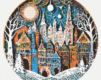 Winter Landscape. Fantastic village view in a snowy day. Stylized cartoon illustration. Counted Cross Stitch PDF Pattern. Hand Embroidery.