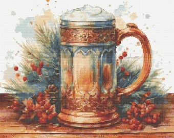 A German Beer Stein Mug on the rustic wooden table. Christmas themed Watercolor painting. Counted Cross Stitch PDF Pattern. Hand Embroidery.