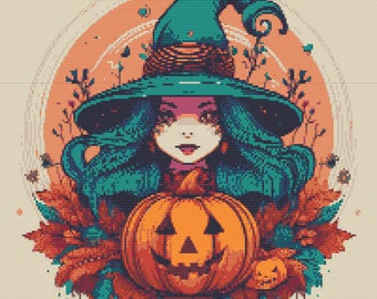 Cute Witch with carved Halloween Pumpkin. Watercolor illustration made with fall colors. Counted Cross Stitch PDF Pattern. Hand Embroidery.