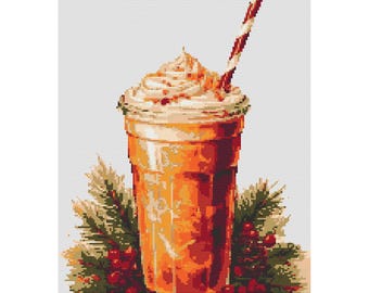 Caramel Macchiato in glass. Christmas decoration with red berries. Watercolor Painting. Counted Cross Stitch PDF Pattern. Hand Embroidery.