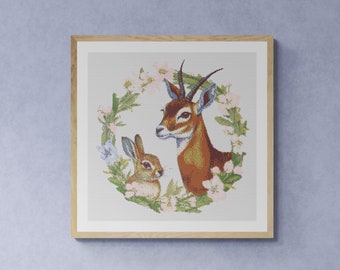 Gazelle and Bunny. Watercolor Style. Counted Cross Stitch PDF Pattern, PDF for Diamond Painting and Pattern Keeper.