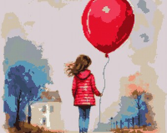Young girl in red coat with red baloon. Rainy day. Watercolor Painting in autumn colors. Counted Cross Stitch PDF Pattern. Hand Embroidery.