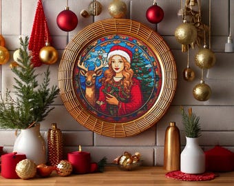 Young girl in Santa Costume with reindeer and Christmas tree. Stained glass illustration. Counted Cross Stitch PDF Pattern. Hand Embroidery.