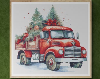 Christmas Trees decorated with ornaments on a Red retro truck in winter. Watercolor. Counted Cross Stitch PDF Pattern. Hand Embroidery.