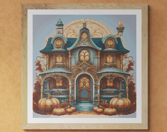 Halloween House with pumpkins and full moon. Watercolor illustration in autumn colors. Counted Cross Stitch PDF Pattern. Hand Embroidery.