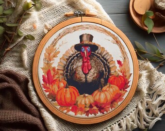 Thanksgiving Day Turkey with pilgrim hat, Pumpkins and Autumn leaves. Watercolor cartoon. Counted Cross Stitch PDF Pattern. Hand Embroidery.